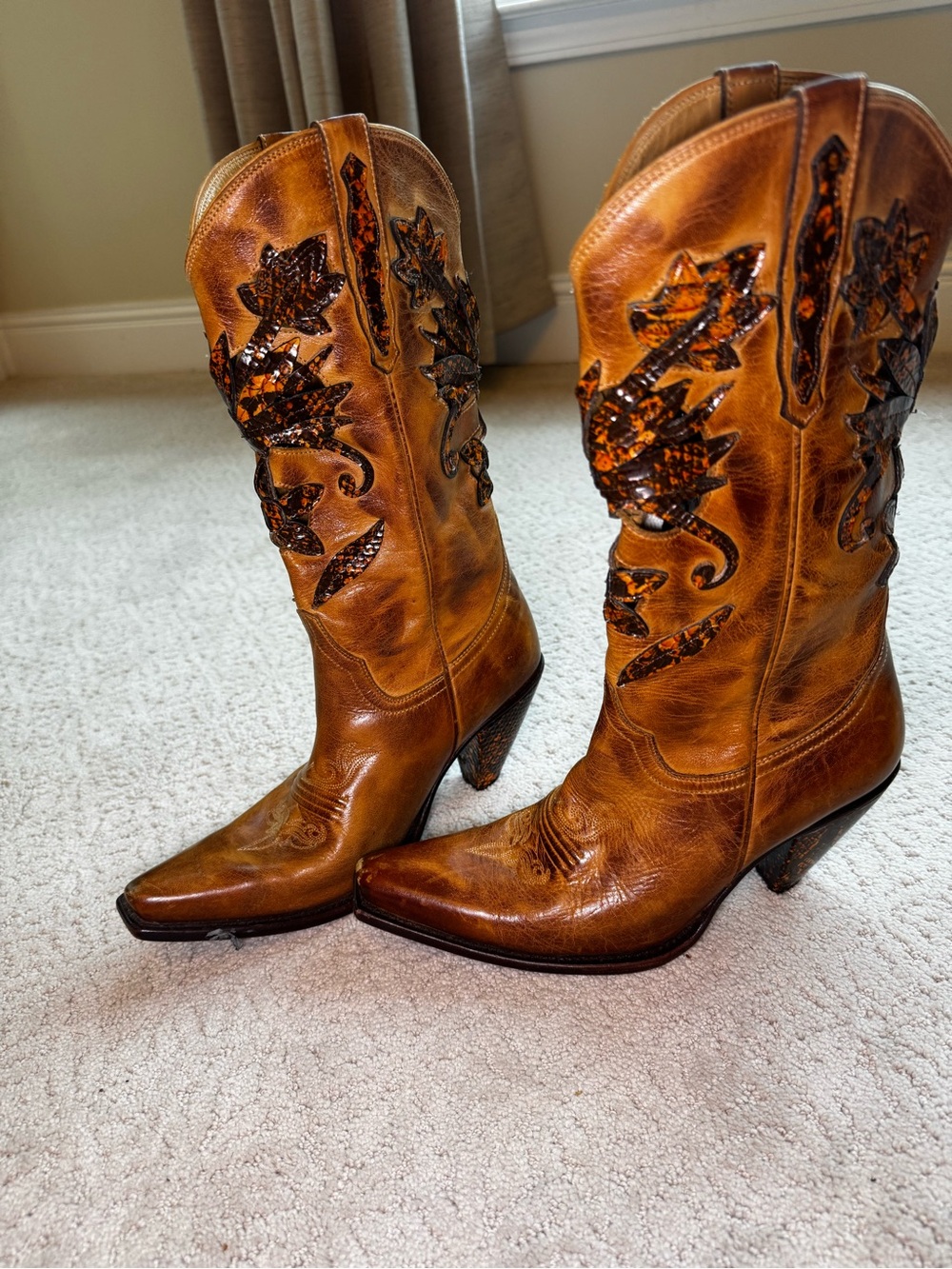 Lucchese Charlie 1 Horse Brown Leather Boots with Embroidered Snakeskin Accents